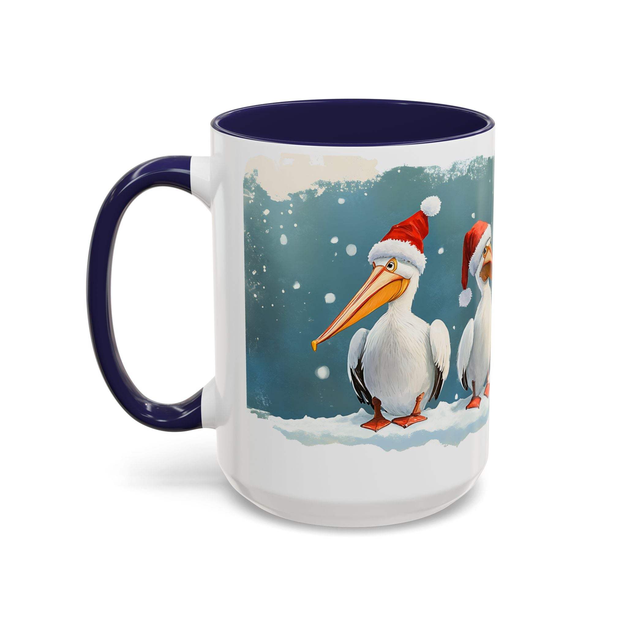 Mug with Christmas design featuring two pelicans wearing Santa hats on a snowy background.