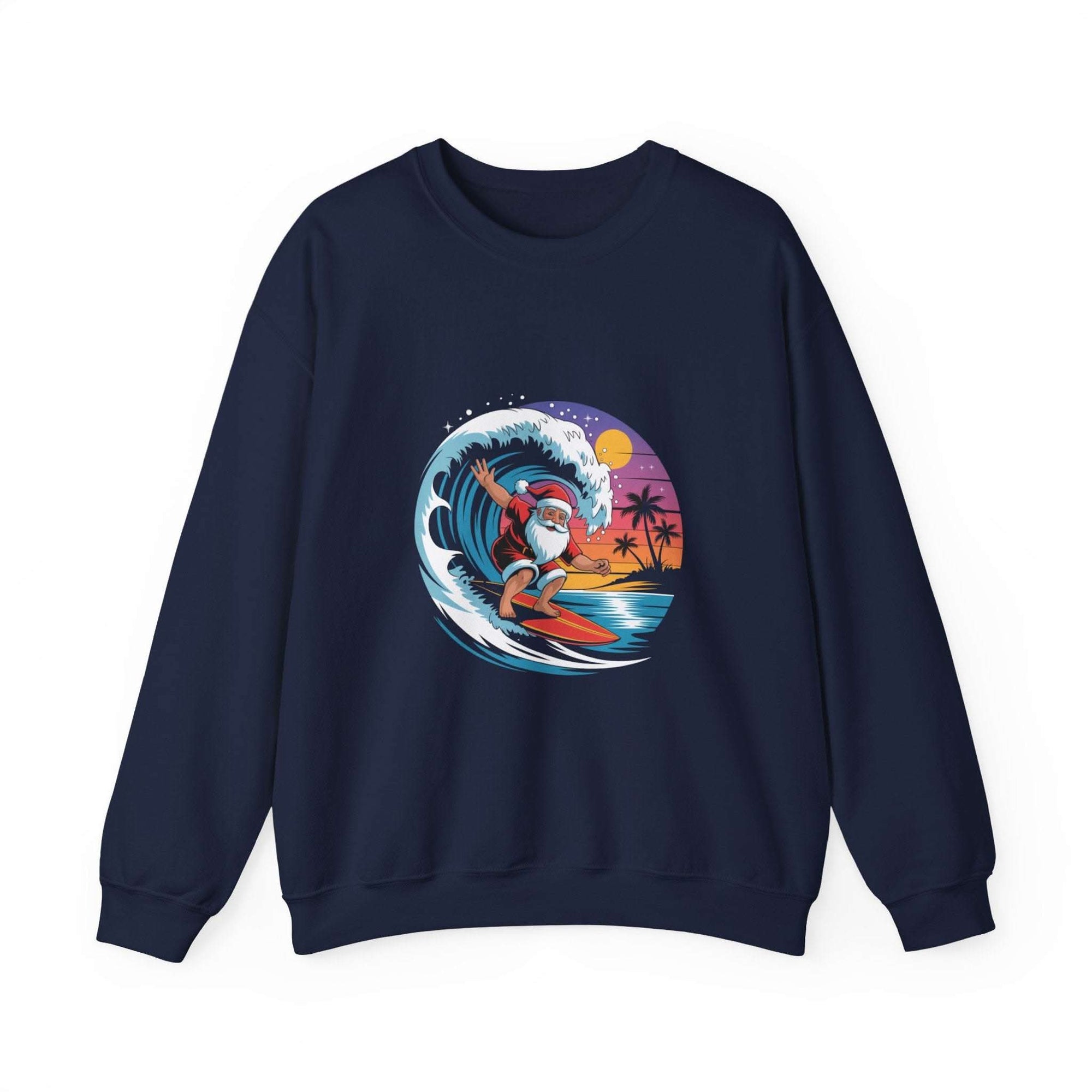 Navy Santa sweatshirt featuring a surfing design, perfect for holiday beachwear by Printify.