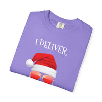 Purple Santa I Deliver All Night Long Christmas T-shirt with Santa hat and sunglasses design