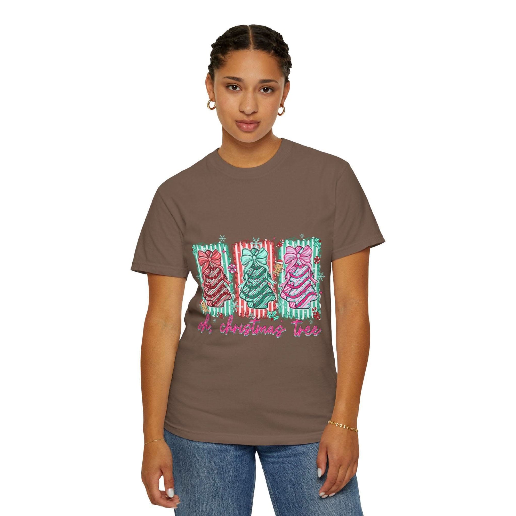 Oh Christmas Tree T-shirt with colorful decorated Christmas trees on cream garment-dyed fabric