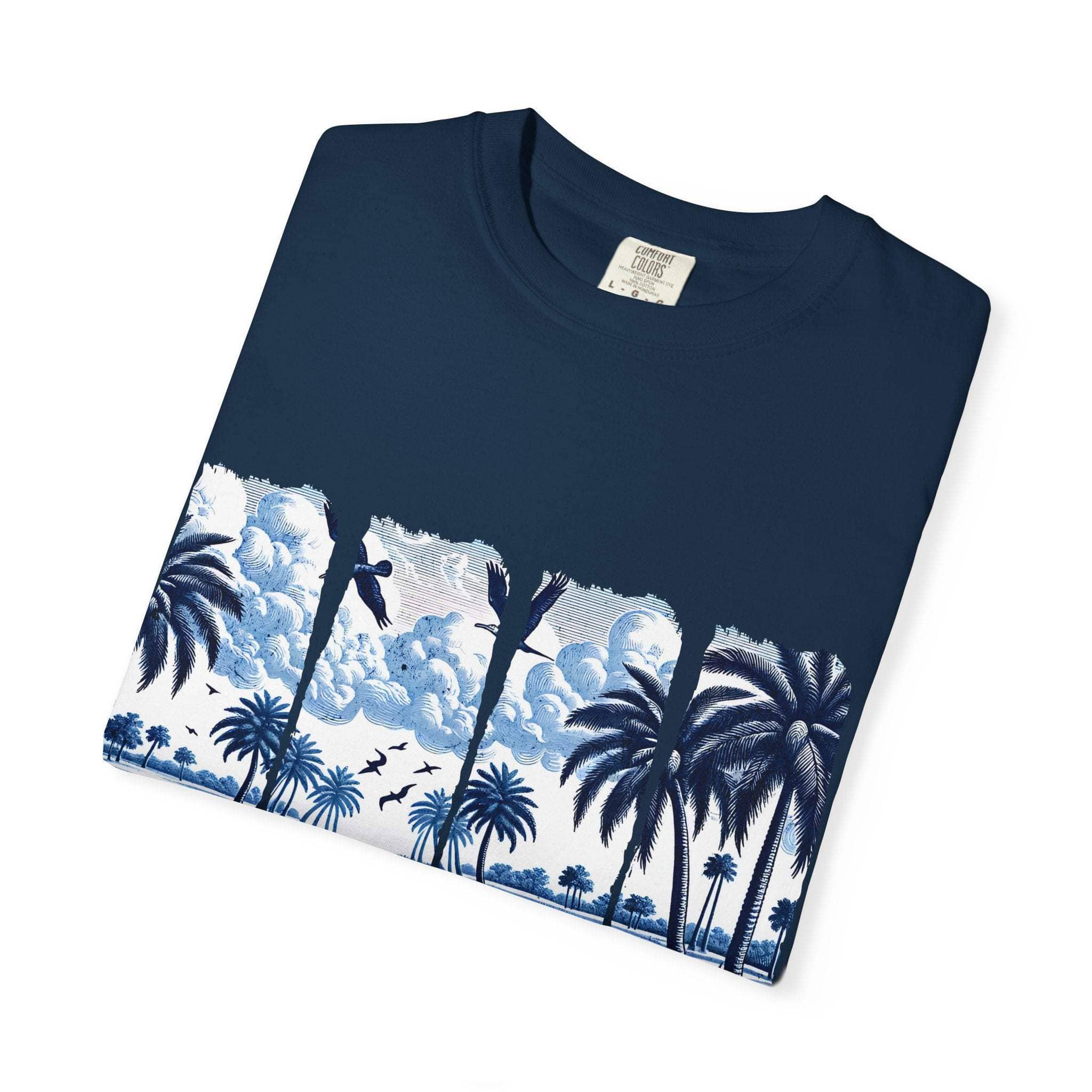 Blue Chinoise Brushstroke T-shirt with soft blue chinoiserie brushstroke design on garment-dyed cotton fabric.