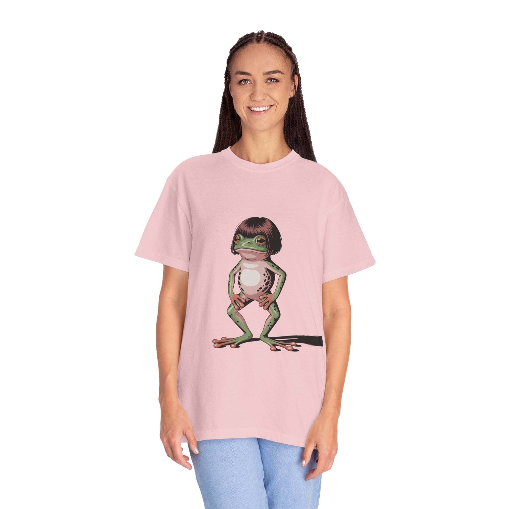 Frog with bob haircut meme printed on vintage-style relaxed t-shirt