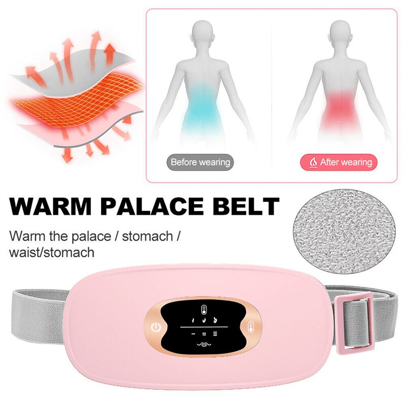Pink heated menstrual relief vibrating belt with adjustable fit and quick heating features
