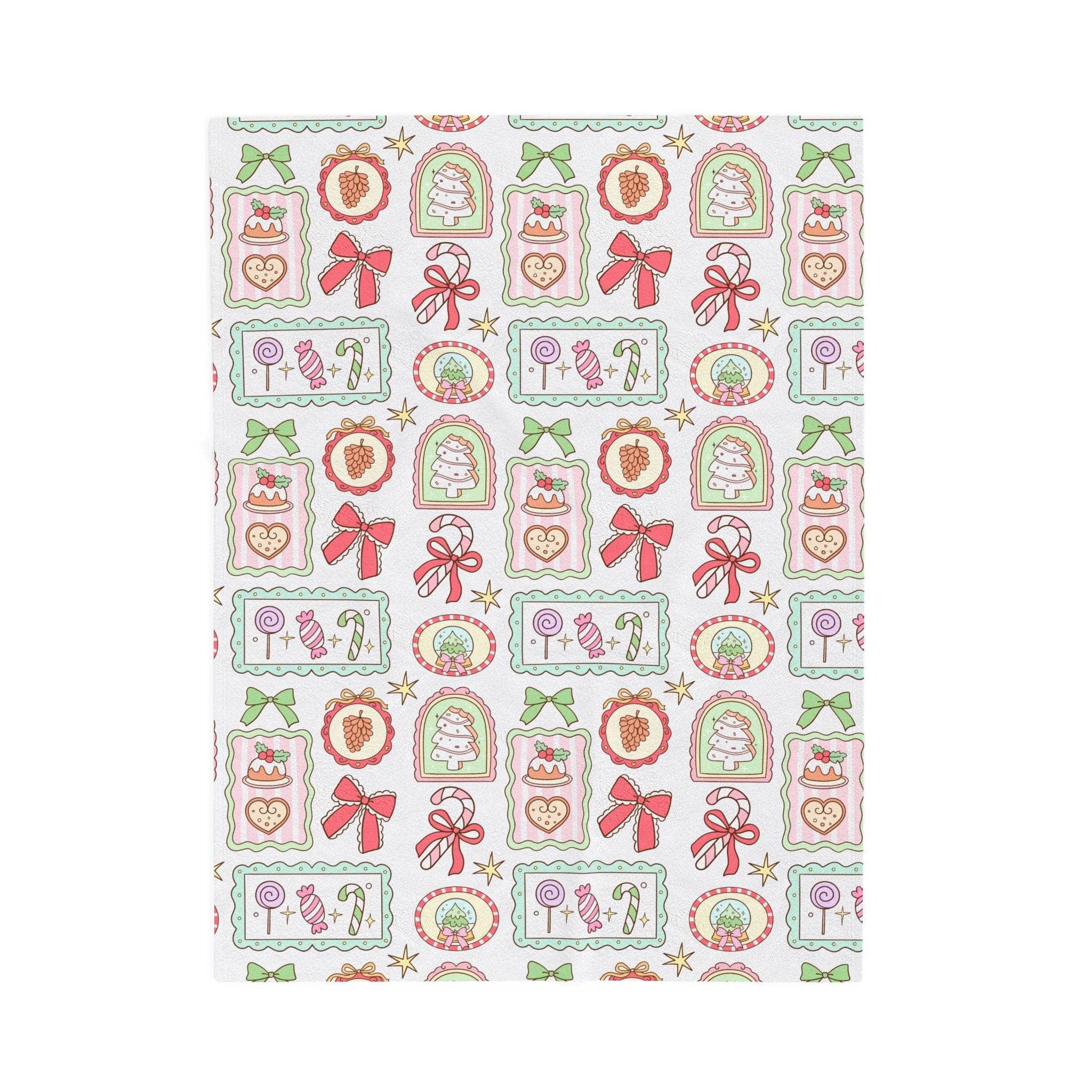 Velveteen plush blanket with retro Christmas frames pattern in festive colors