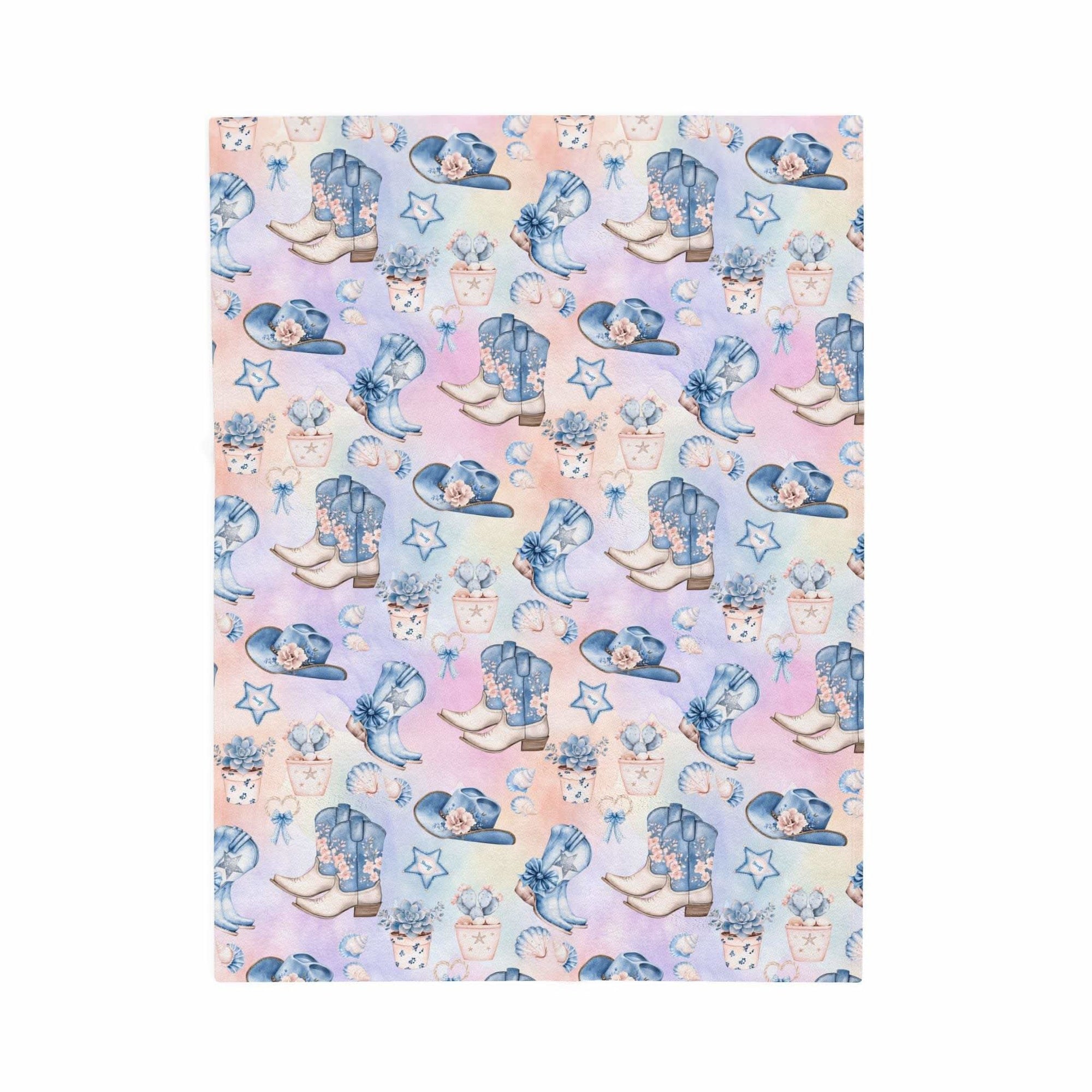 Coastal Cowgirl plush blanket with pastel beach and cowboy boot design