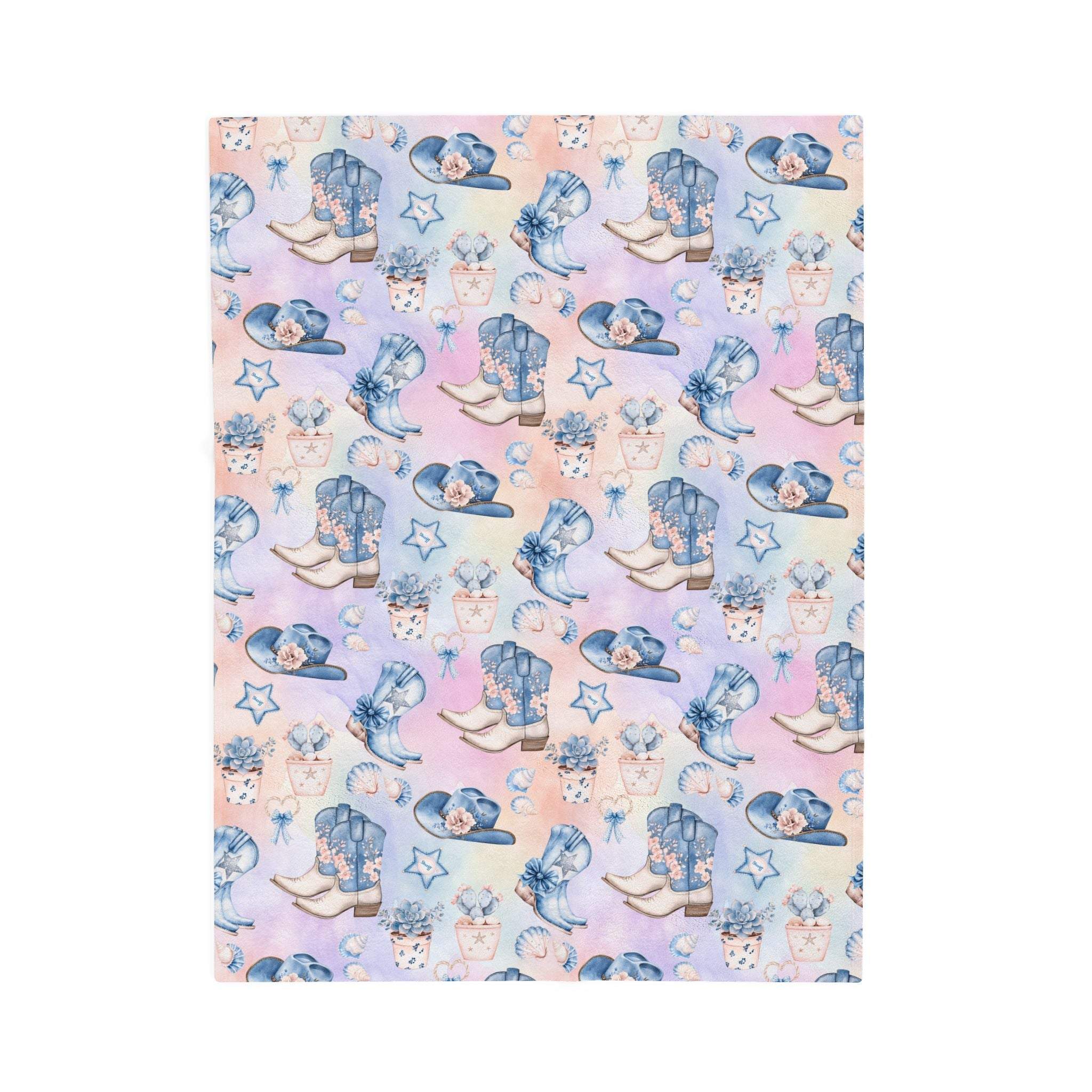 Coastal Cowgirl plush blanket with pastel beach and cowboy boot design
