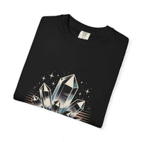 Black t-shirt with crystal graphic design on a white background