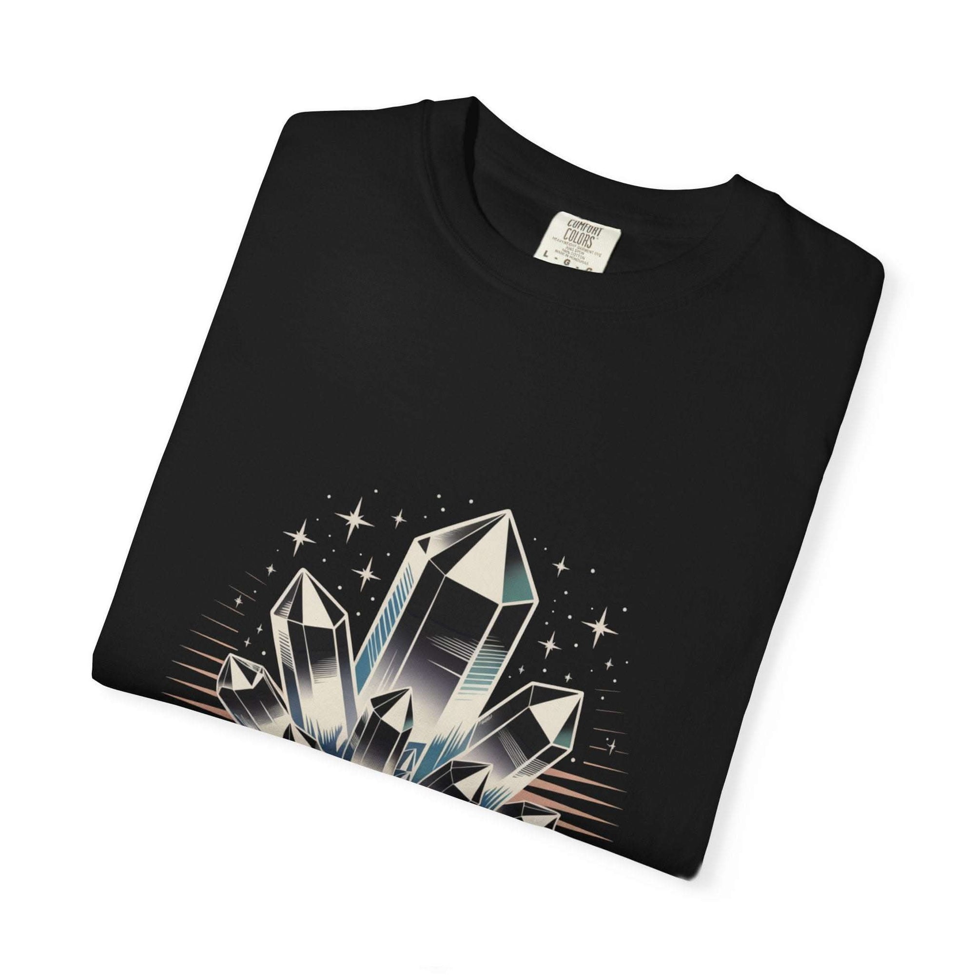 Black t-shirt with crystal graphic design on a white background