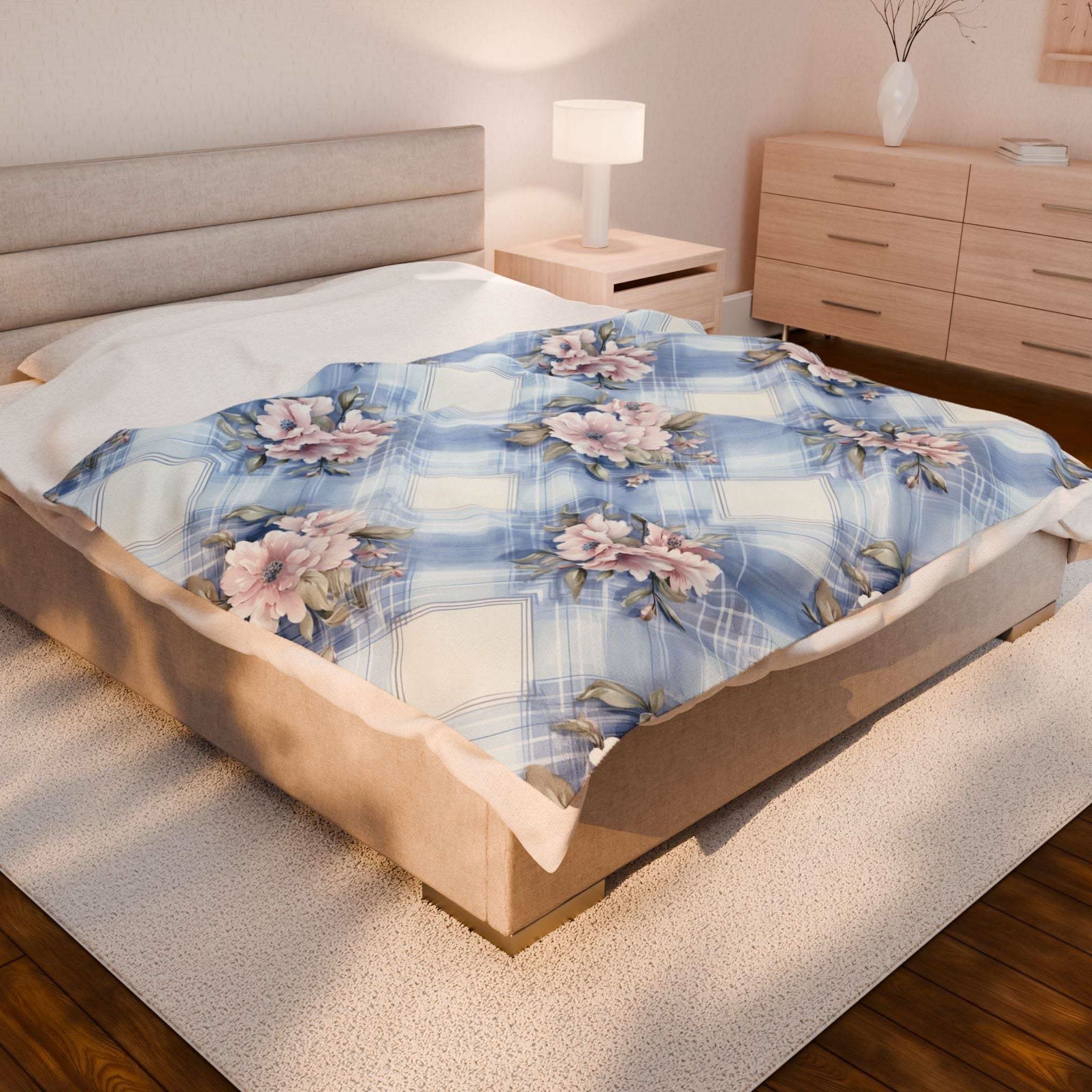 Velveteen plush blanket in floral pastel light blue and pink, by Printify, available in multiple bedding sizes.
