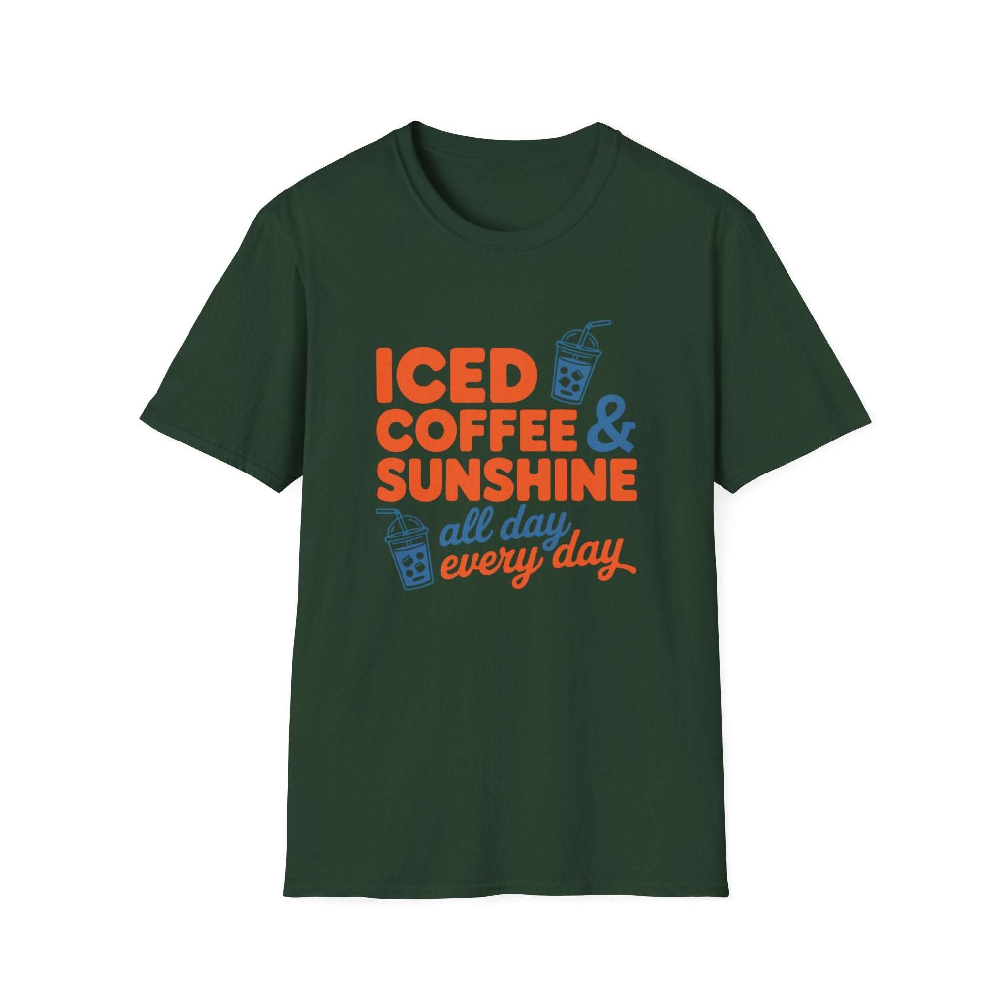 Bright summer T-shirt with Iced Coffee & Sunshine graphic and iced cup illustrations