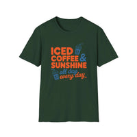 Bright summer T-shirt with Iced Coffee & Sunshine graphic and iced cup illustrations