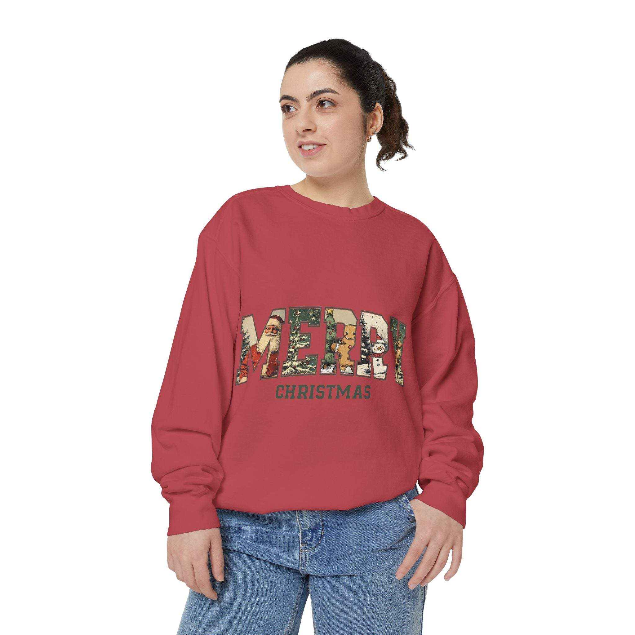 Woman wearing red Vintage Varsity Merry Christmas sweatshirt with festive print and relaxed fit