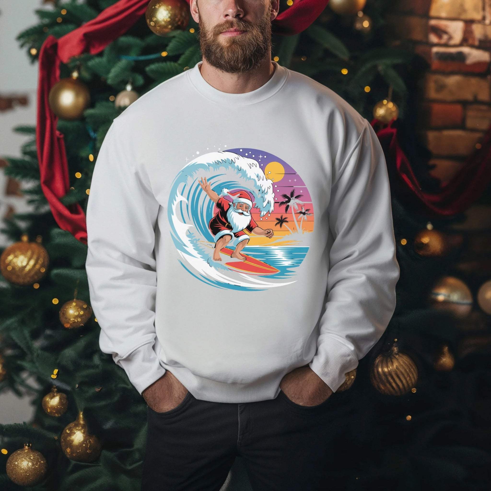 Navy sweatshirt featuring a surfing Santa design, perfect for holiday beachwear by Printify, available in sizes S, M, L.