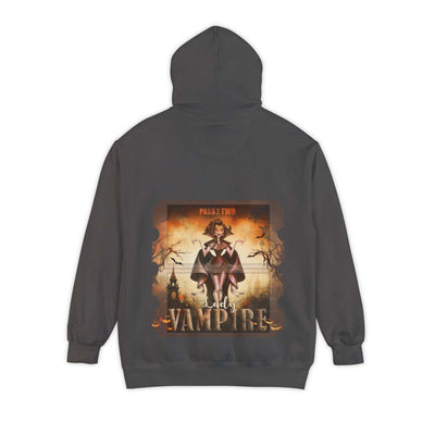 Unisex vintage vampire lady movie ticket hoodie with Halloween gothic design and relaxed fit