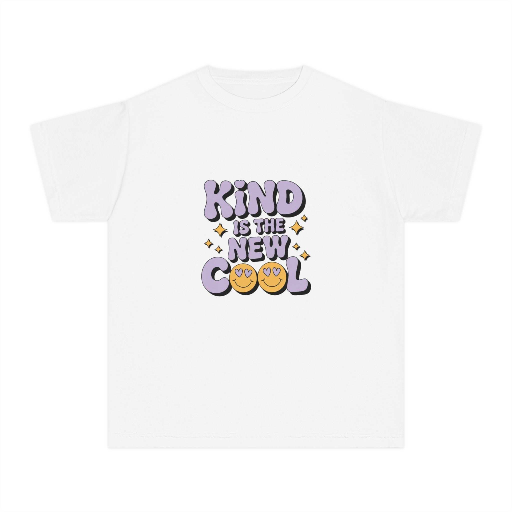 Black youth tee with 'Kind is the new Cool' slogan by Printify, perfect for back to school fashion.