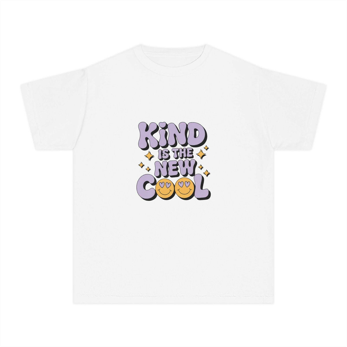 Black youth tee with 'Kind is the new Cool' slogan by Printify, perfect for back to school fashion.