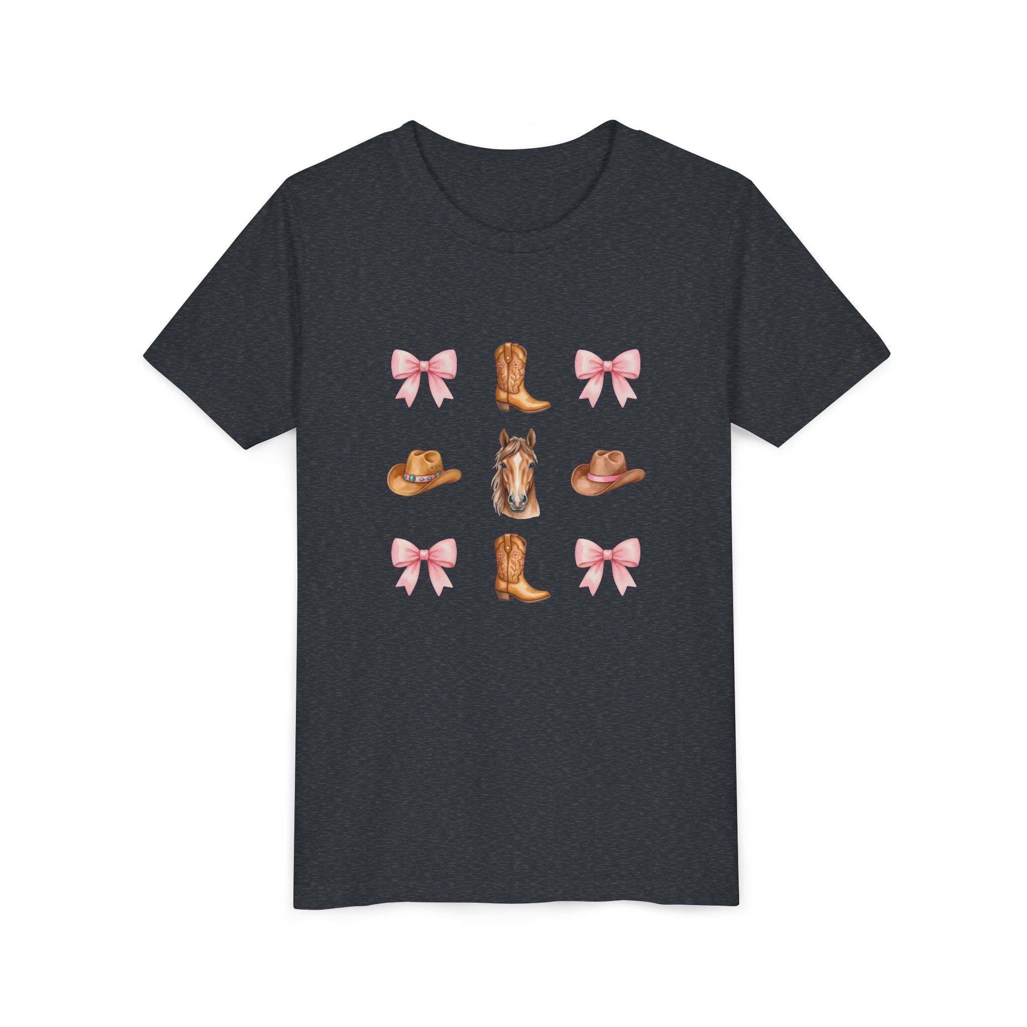 Youth pink Cowboy Horse & Boots tee with pink bows, Western hat, and horse face design