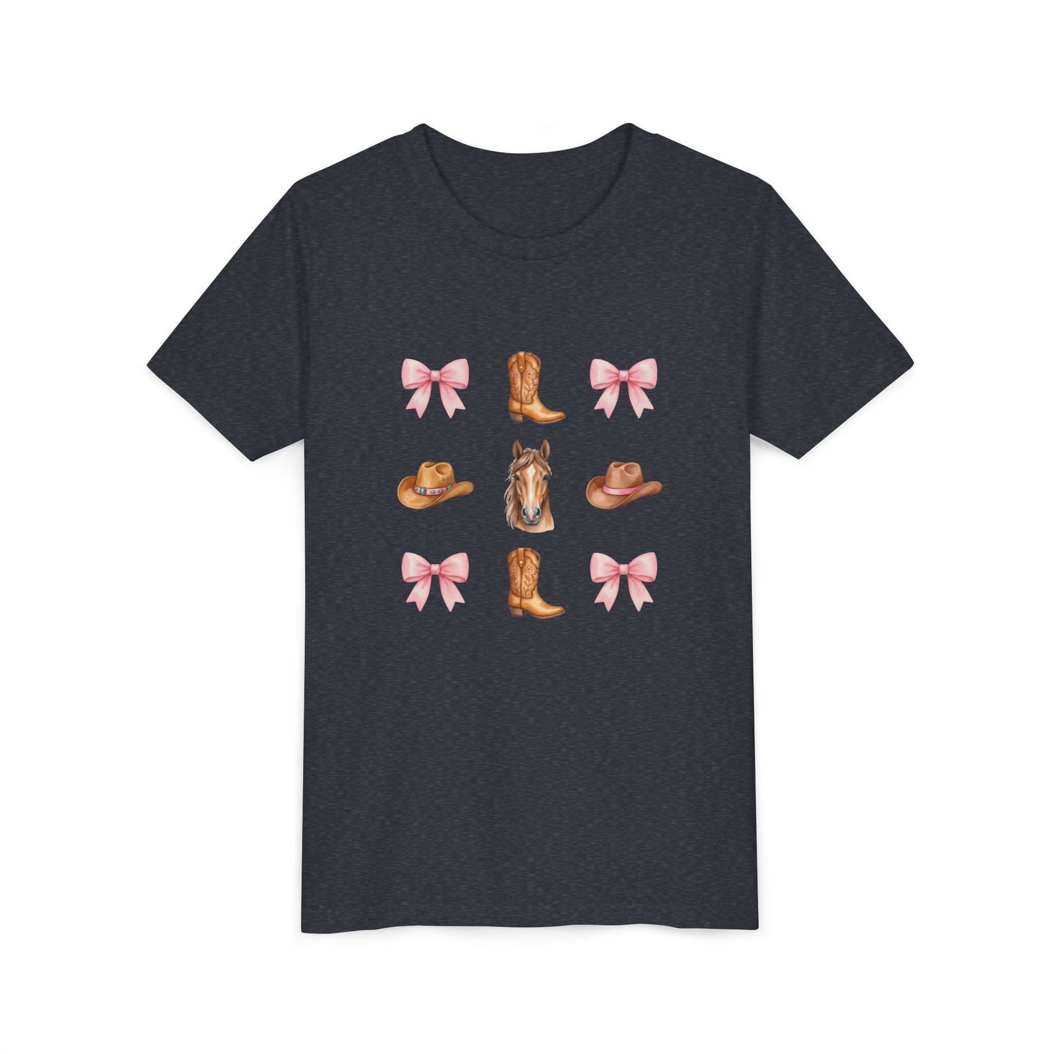Youth pink Cowboy Horse & Boots tee with pink bows, Western hat, and horse face design