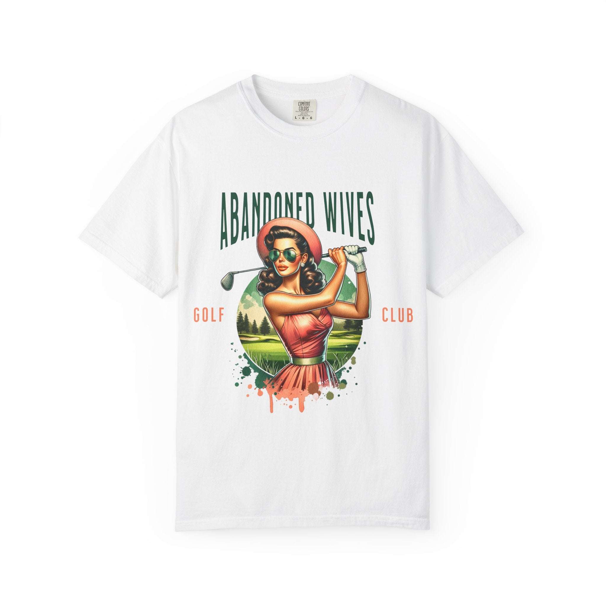 Vintage unisex white T-shirt with Abandoned Wives Golf Club retro graphic design