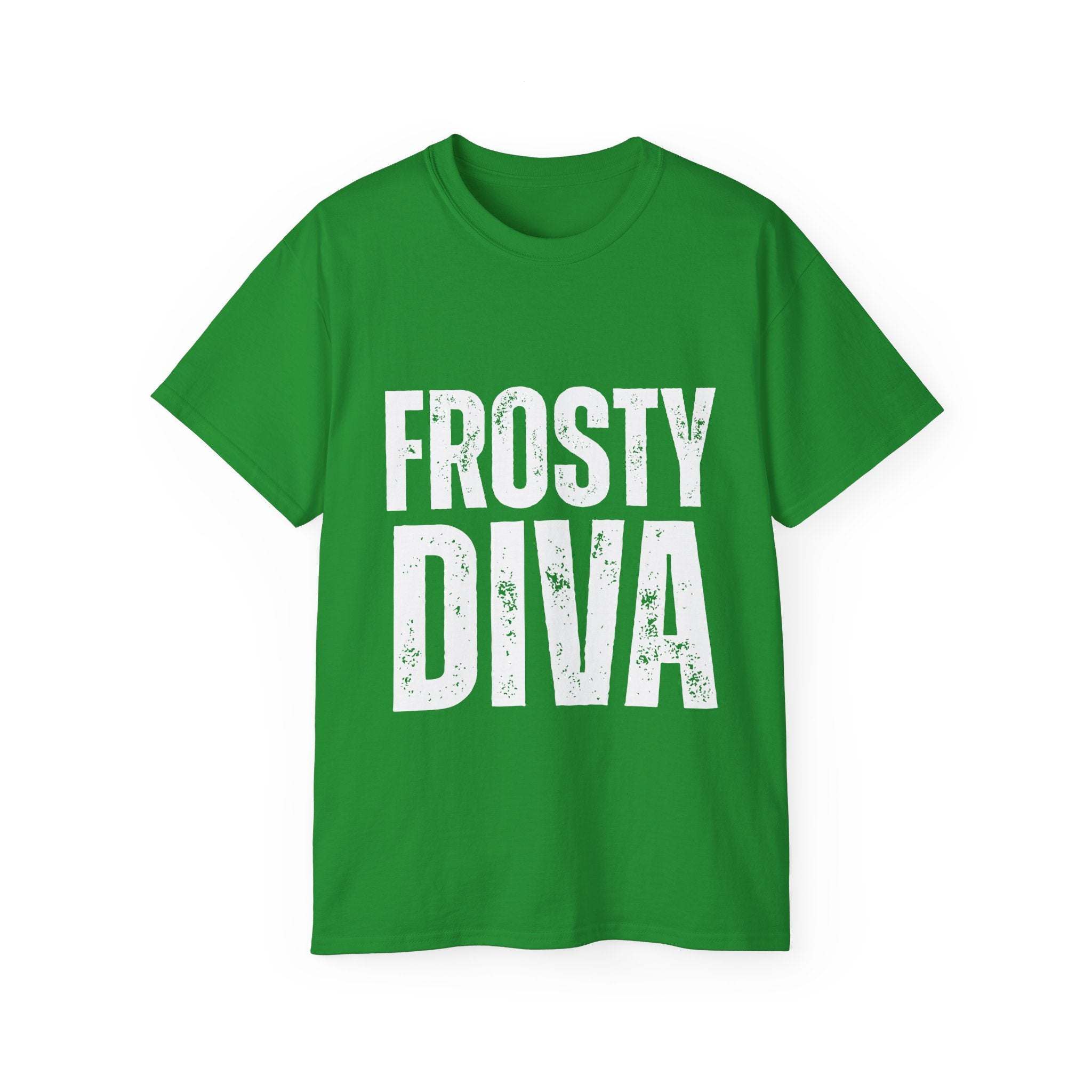 Black distressed unisex t-shirt made from eco-friendly cotton featuring frosty diva graphic design.