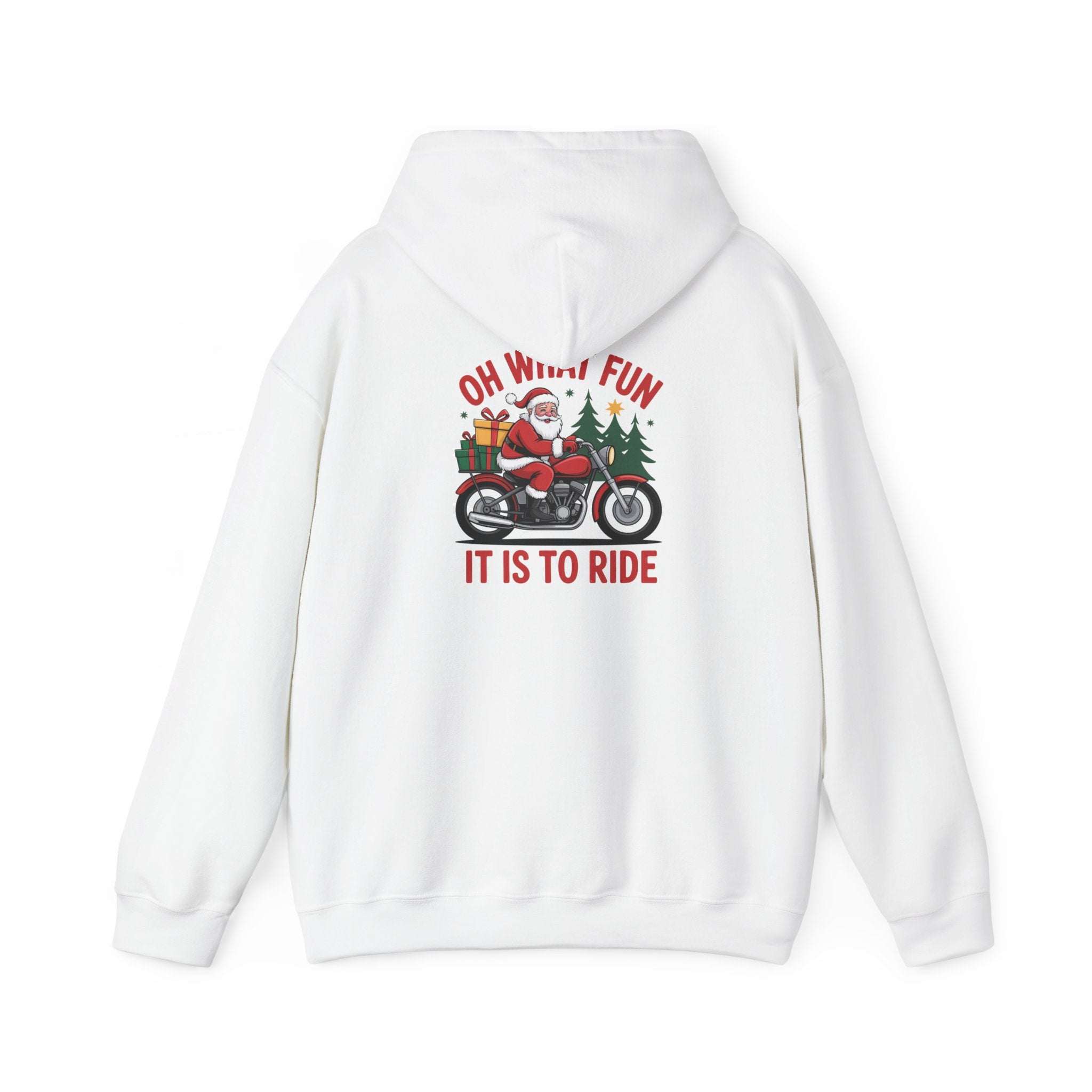 Santa motorcycle hoodie in black, featuring festive graphics, perfect for holiday celebrations and motorcycle enthusiasts.