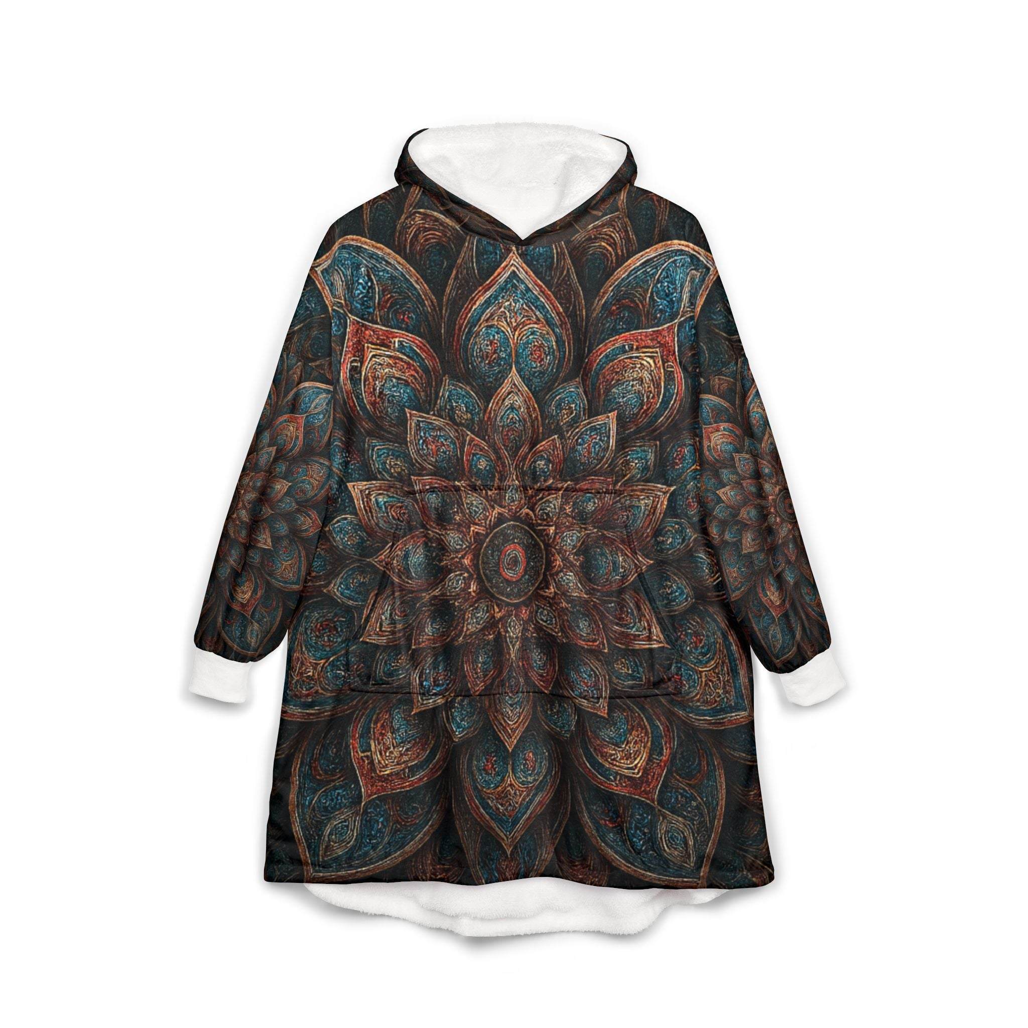 Cozy Geometric Mandala Hooded Blanket with vibrant mandala pattern and oversized kangaroo pocket for meditation and relaxation