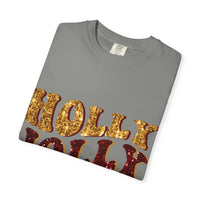 Faux Glitter Holly Jolly Mama brown t-shirt with festive glitter text for moms