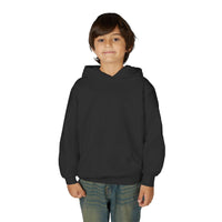 Child wearing black Patchwork Wild Word Hoodie with kangaroo pocket and hood