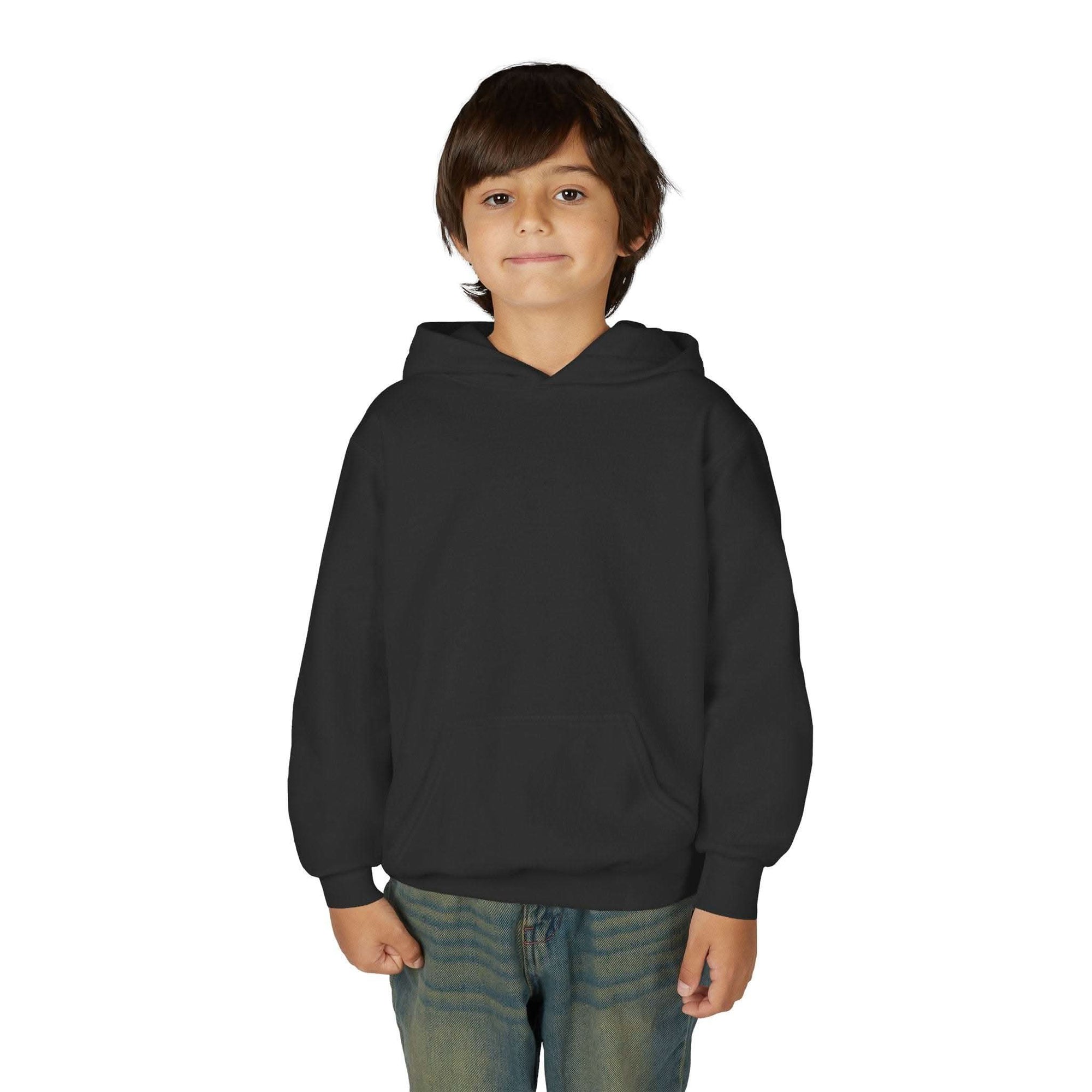 Child wearing black Patchwork Wild Word Hoodie with kangaroo pocket and hood