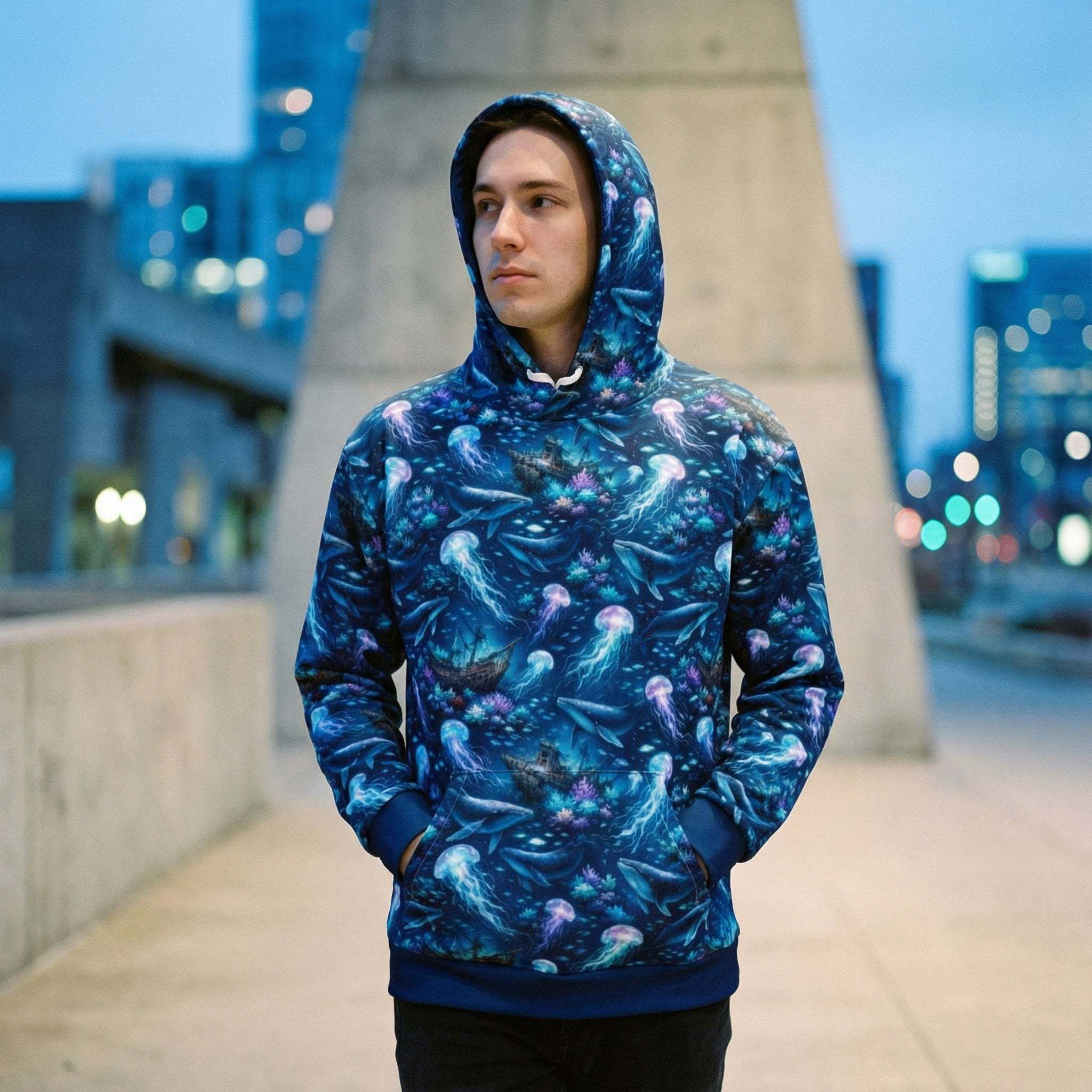 Ocean Jellyfish Whale hoodie with marine artwork on soft unisex cotton pullover