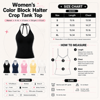 Women’s Color Block Halter Crop Tank Top with V-neck and backless halter tie in slim fit