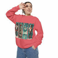 woman wearing vintage Christmas nutcracker watercolor sweatshirt with festive design