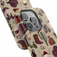 Cowboy Christmas design phone case for iPhone 17 in glossy finish by Printify, featuring festive colors and patterns.