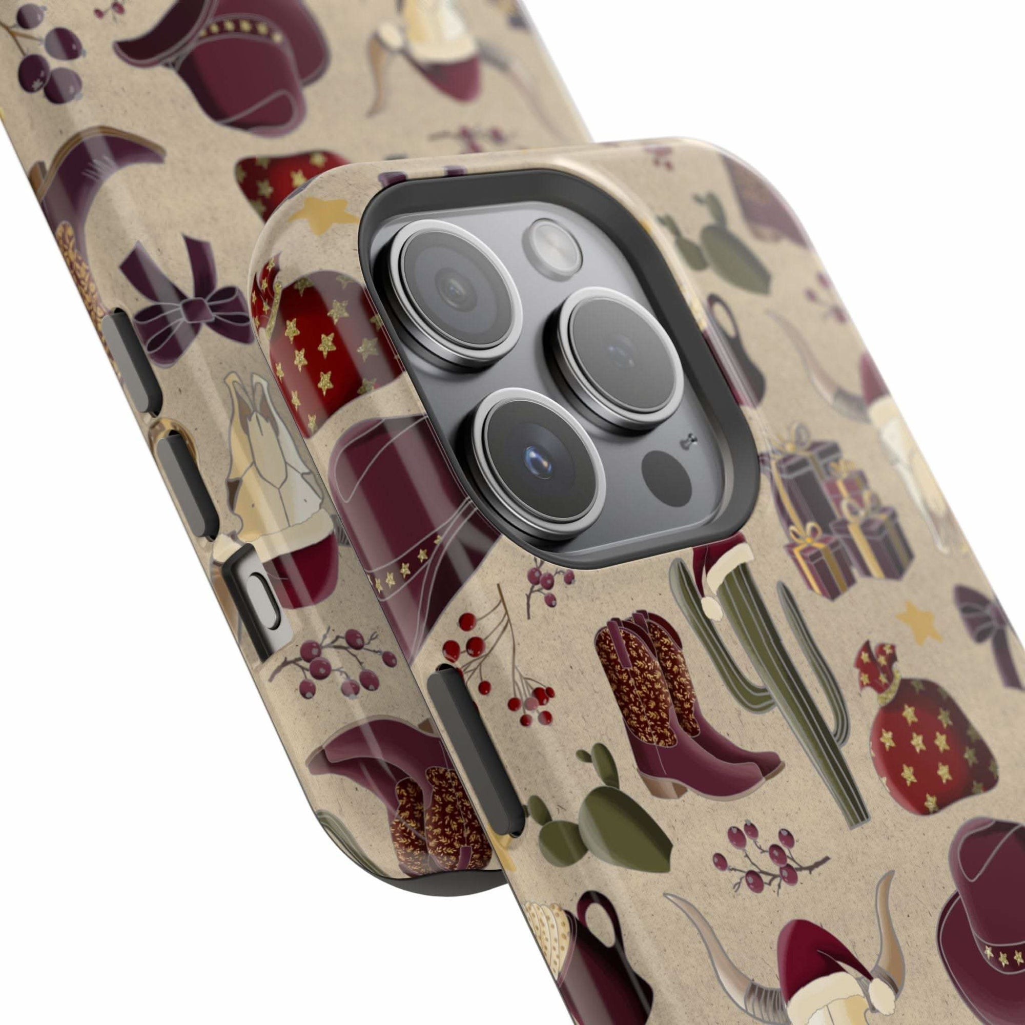 Cowboy Christmas design phone case for iPhone 17 in glossy finish by Printify, featuring festive colors and patterns.