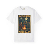 National Park After Dark t-shirt featuring vintage campfire Sasquatch and Mothman night creatures design