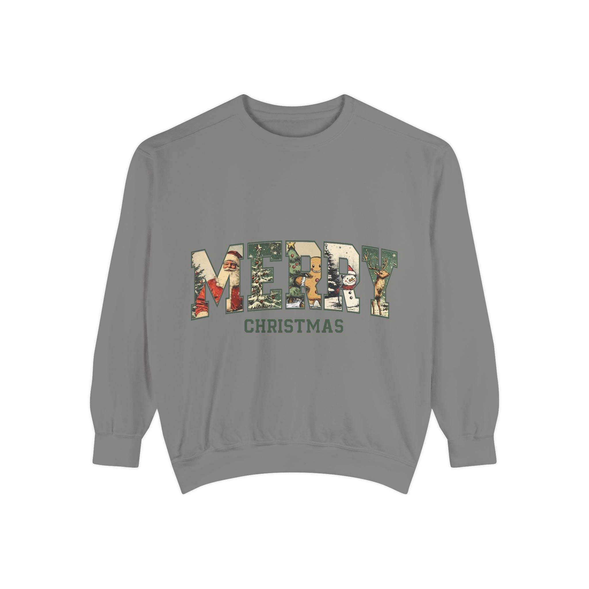 White vintage varsity Merry Christmas sweatshirt by Printify, featuring festive holiday lettering