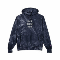 Embroidered tie-dye hoodie with custom design, ribbed cuffs, pouch pocket, and durable fabric