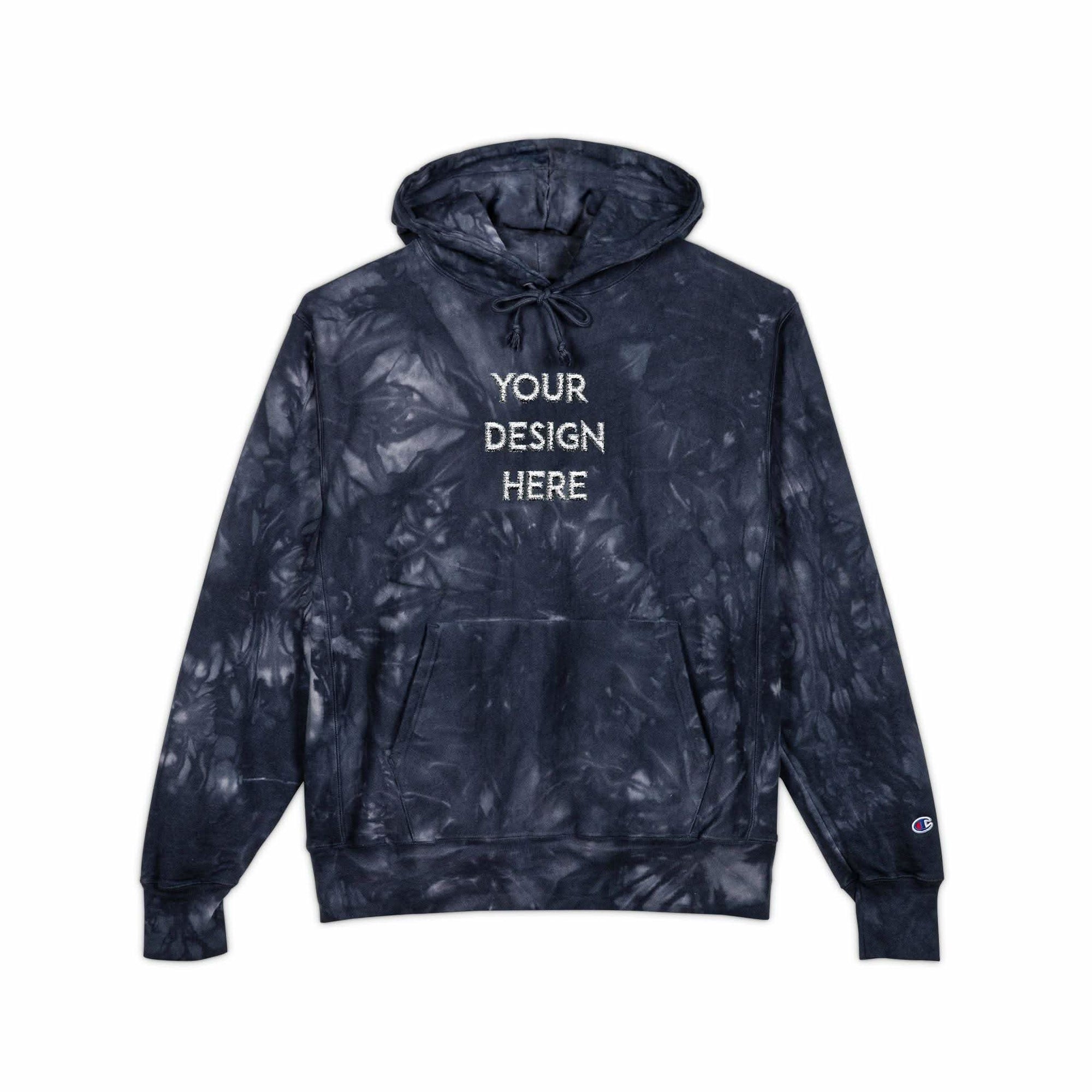 Embroidered tie-dye hoodie with custom design, ribbed cuffs, pouch pocket, and durable fabric