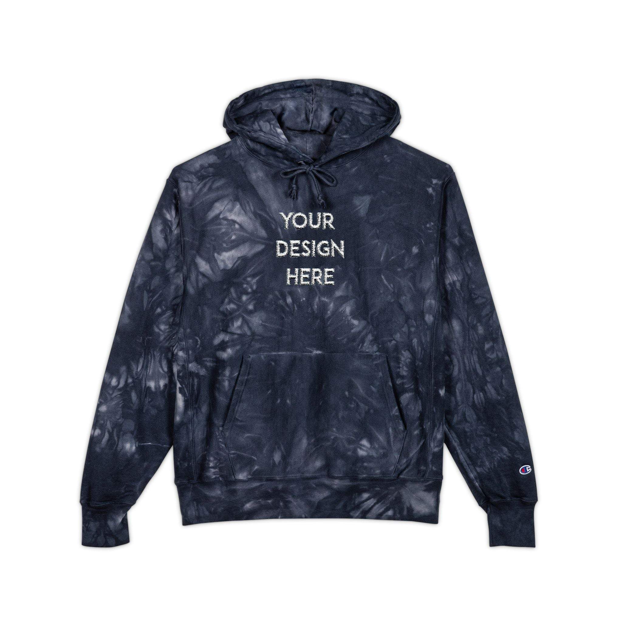 Embroidered tie-dye hoodie with custom design, ribbed cuffs, pouch pocket, and durable fabric