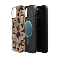 Cowboy Christmas design phone case for iPhone 17 in glossy finish by Printify, featuring festive colors and patterns.