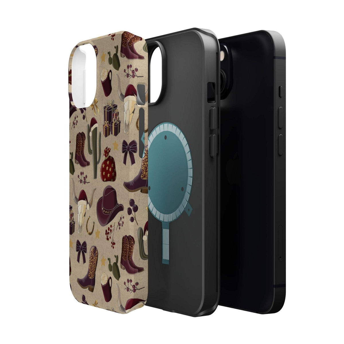 Cowboy Christmas design phone case for iPhone 17 in glossy finish by Printify, featuring festive colors and patterns.