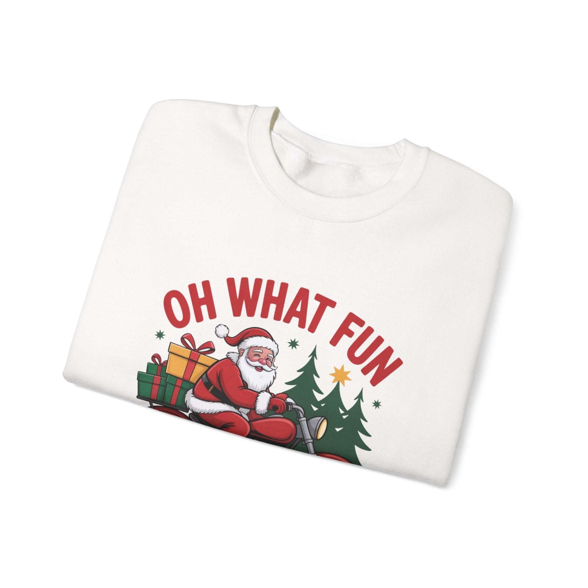 Black crewneck sweatshirt featuring a Santa motorcycle graphic by Printify, perfect for cozy winter wear.