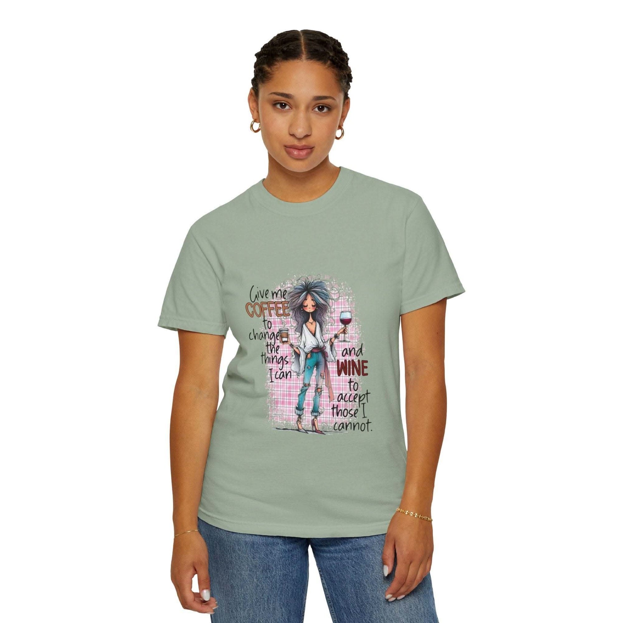 Coffee and Wine Unisex T-shirt with humorous coffee and wine quote design on soft cotton fabric