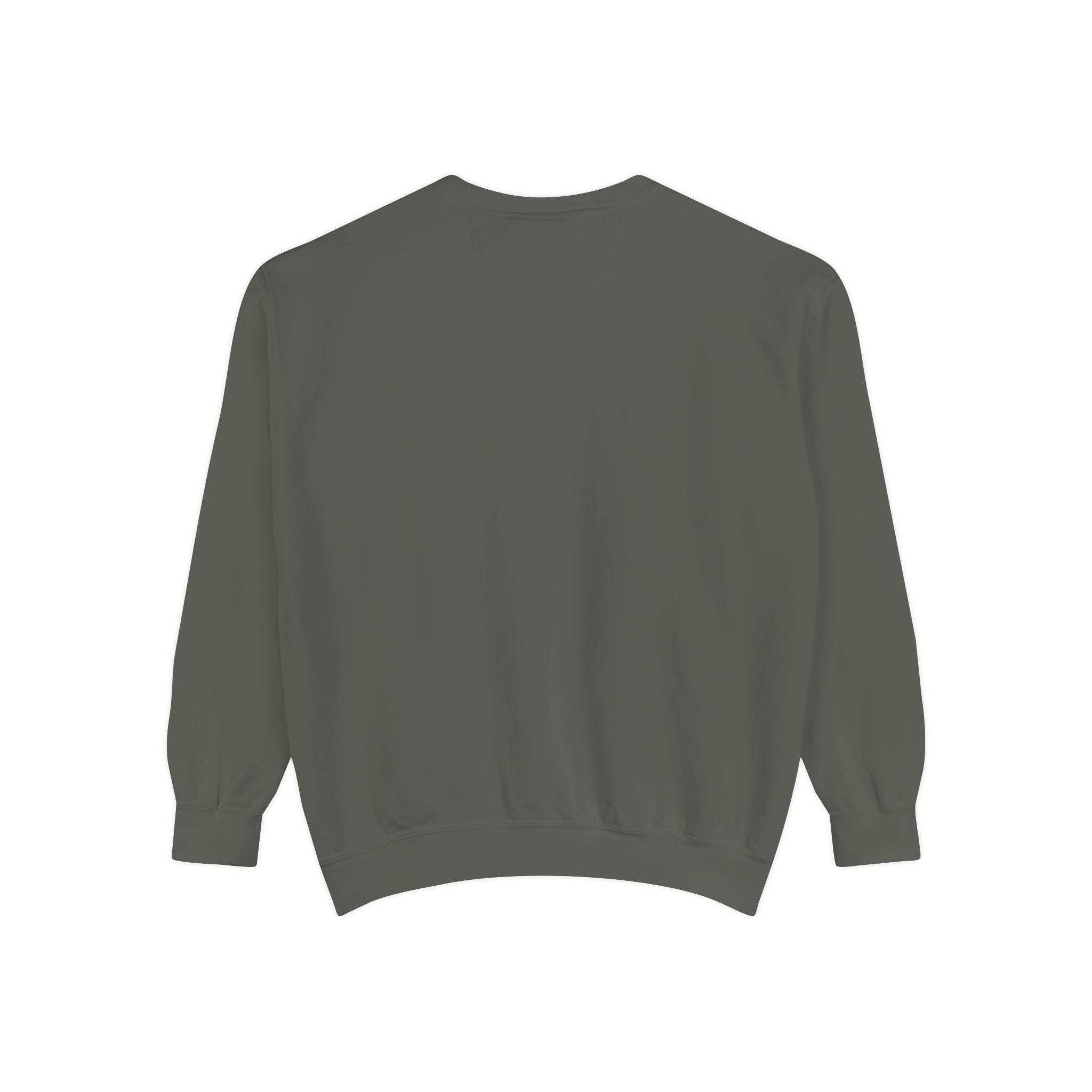 Back view of vintage Christmas sweatshirt in dark color with ribbed collar, cuffs, and hem.