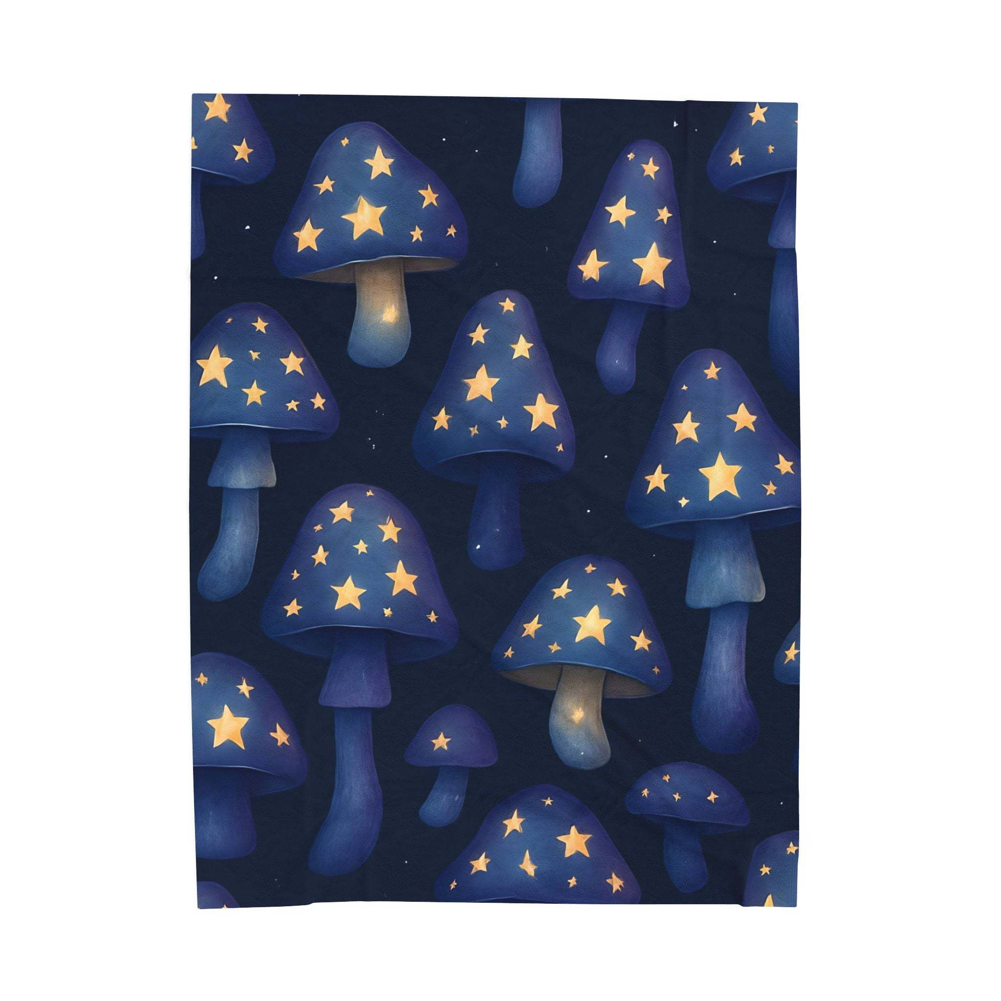Velveteen plush blanket with whimsical mushroom and glowing star pattern for cozy home decor