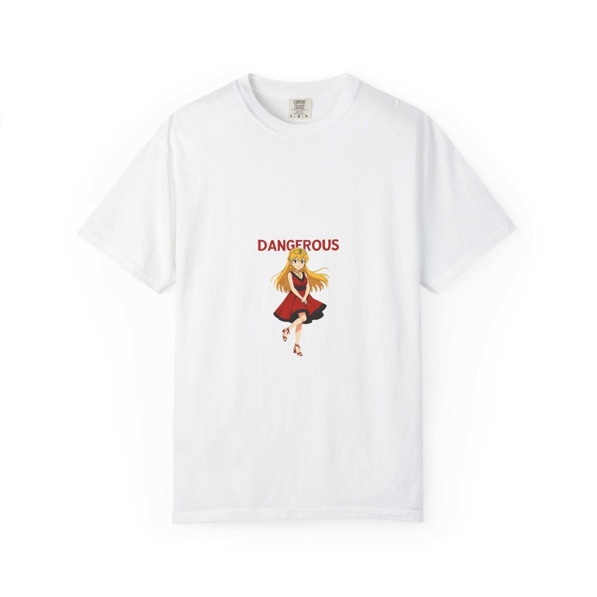 Anime Dangerous Red Girl T-shirt featuring bold red anime girl graphic on 100% cotton tee