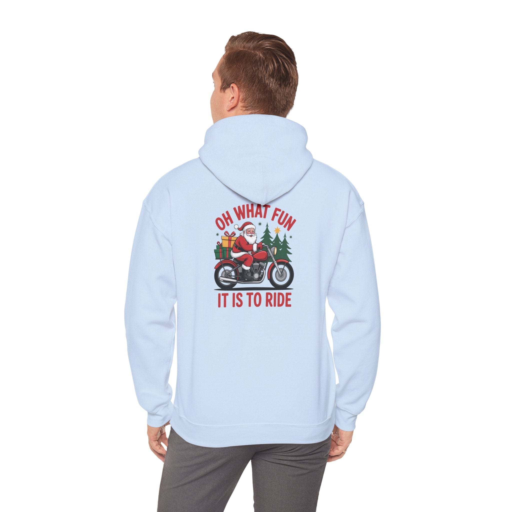 Santa motorcycle hoodie in black, featuring festive graphics, perfect for holiday celebrations and motorcycle enthusiasts.