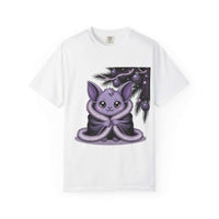 White t-shirt with a purple bat graphic on a white background