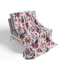 Floral pelican fleece Sherpa blanket with vibrant coastal bird and flower design for cozy Valentine evenings