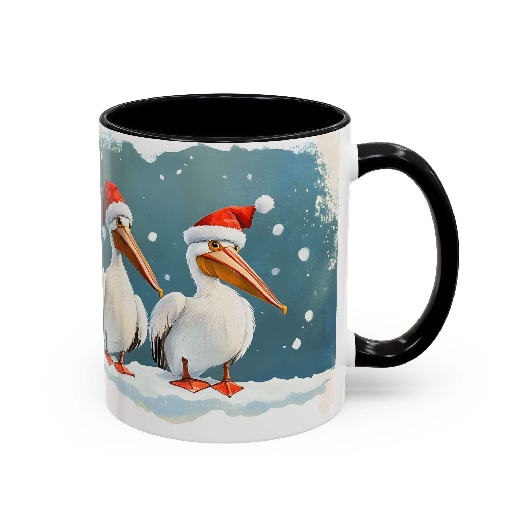 Mug with Christmas-themed design of pelicans wearing Santa hats on a snowy background.